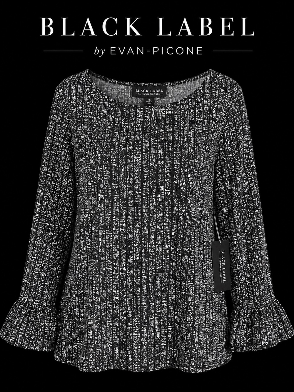 NWT Black Label by Evan-Picone Textured Bell Sleeve Top Black White XL
